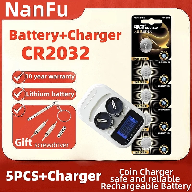 

CR2032 +Coin Charger Rechargeable Battery LIR2032, USB Interface, LED Charging Display screwdriver free 3V lithium battery