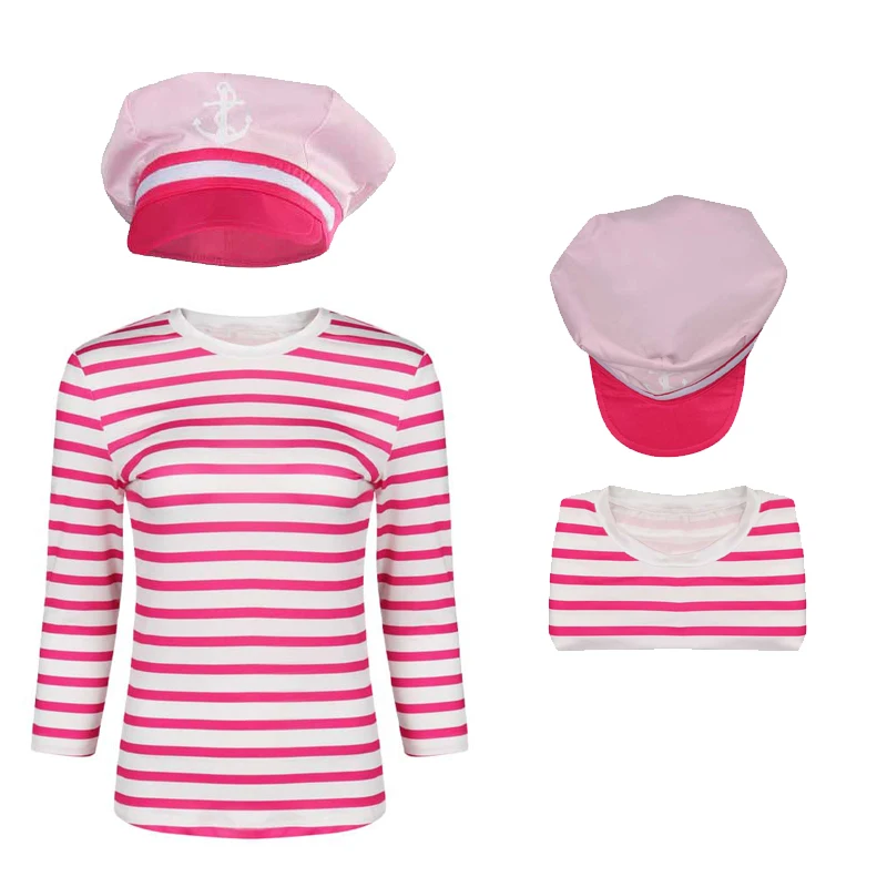 

Movie Barbier Margot Cosplay Striped Tops Hat Costume Barbier Clothes For Women Outfits Casual Set Halloween Party Disguise Suit