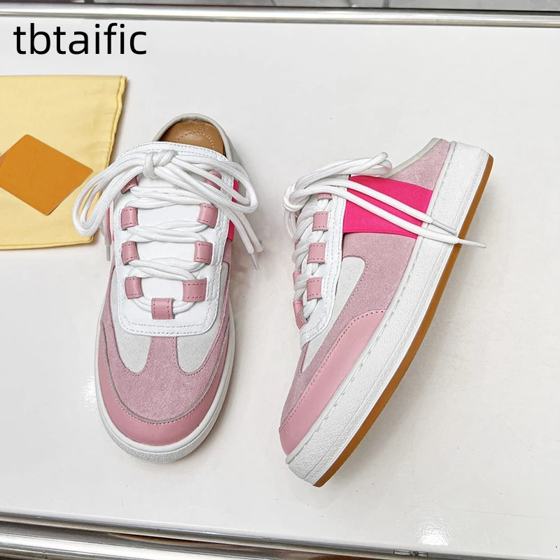 

Designer Autumn Mixed Colors Half Slippers For Women Round Toe Slides Slip On Flat Casual Shoes For Woman Lace Up Slippers Shoes