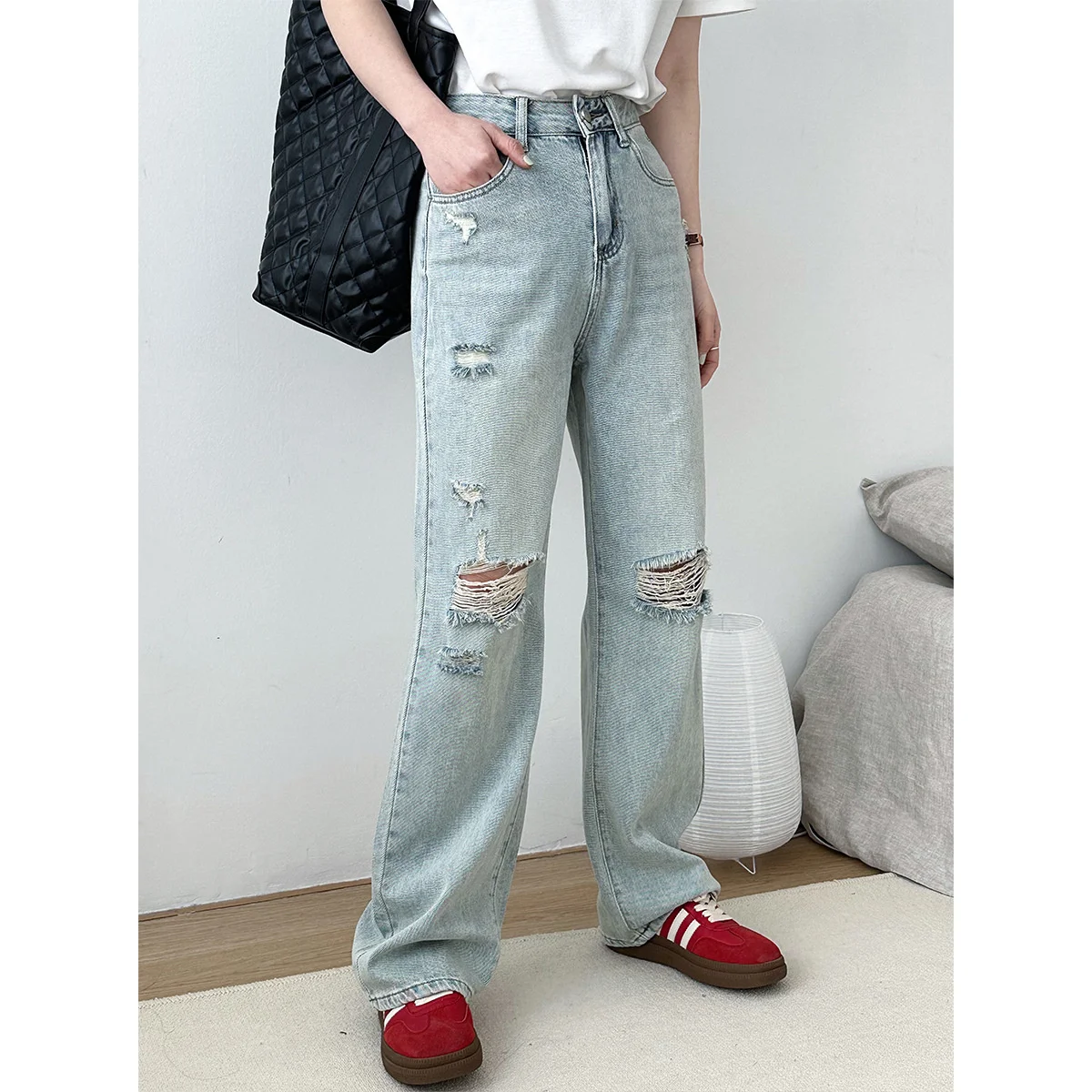 

BF Style Jeans Women's 2023 Spring Daddy Pants Slim Wide Leg High Waist Hole Straight Pants