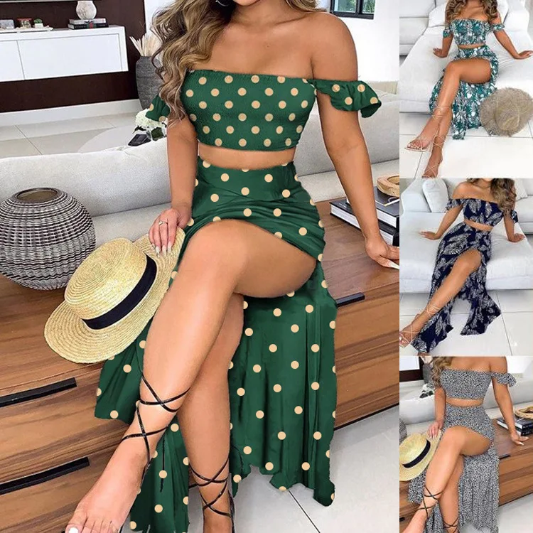 

2 Pack Women's Boho Print Mid Length Sexy Off Shoulder Slit Top Slit Maxi Dress Suit Women's Beachwear Sexy Club Clothing Women
