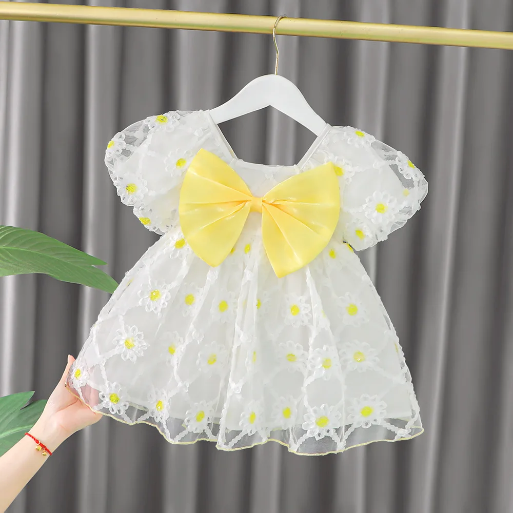 

Summer Newborn Baby Girls Dress Cute Flowers Dresses for Girl 1 Year Birthday Party Dresses Toddler Infant Yellow Bow Dress
