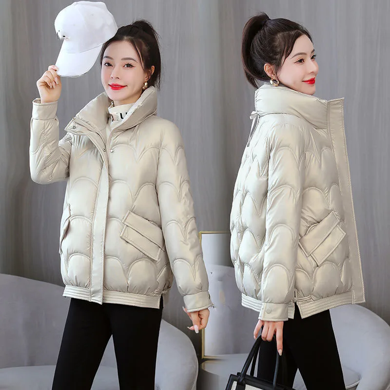 

QNPQYX Winter Y2k Women Parkas Jacket Casual Stand Collar Shiny Fabric Warm Coat Female Fashion Zip Thick Cotton-padded Coats