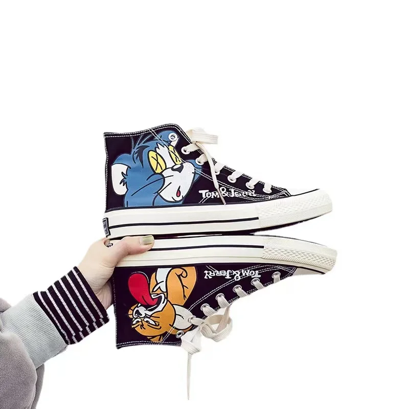 Canvas Shoes Female Male Students Korean Version of Fashion Graffiti Cat and Mouse High-top Comfortable Sneakers