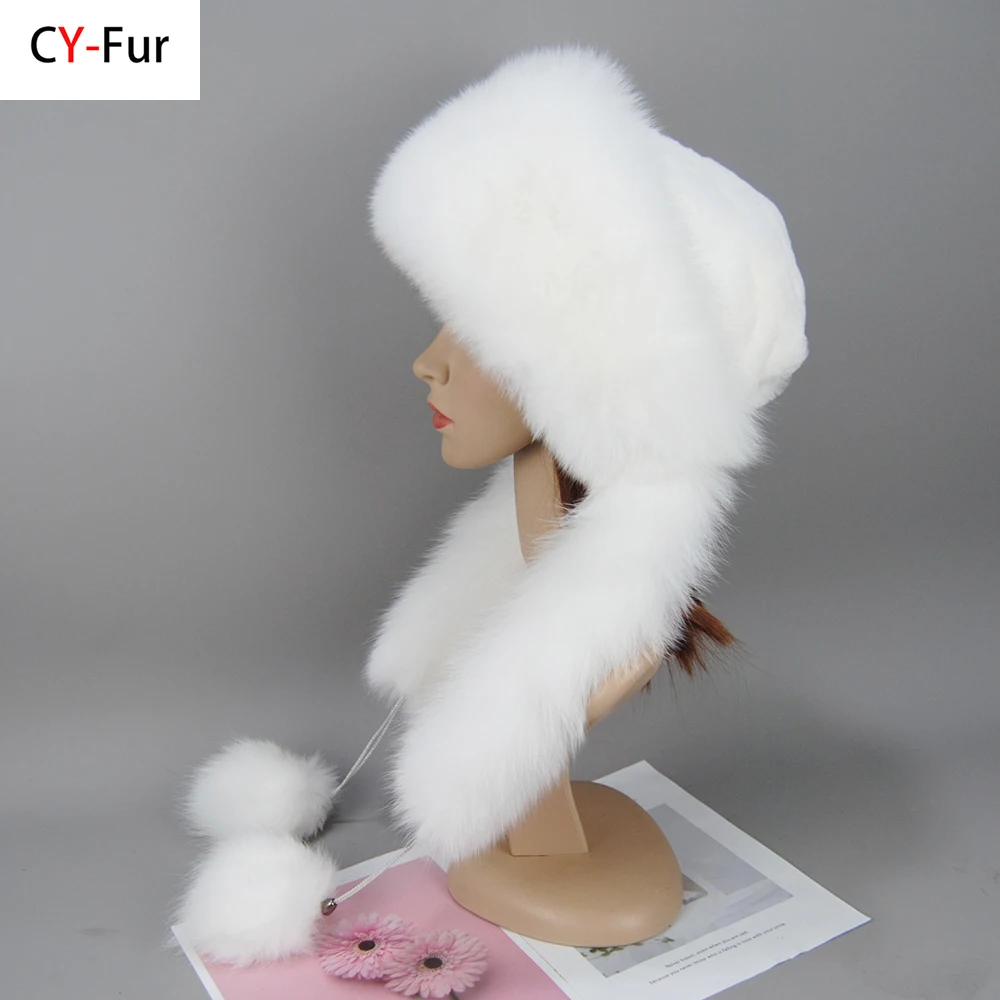 Real Fox Fur Hat Female Pompom Beanie Hat Natural Raccoon Fur Cap Rex Rabbit Fur Top Fall Beanies for Women Cap Winter Bonnets