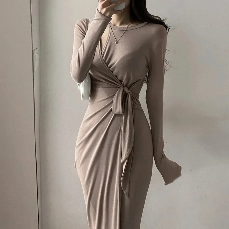 

Y2k Sexy Woman Dress Koreanstreet Club Lace Up Waist Knot Dresses Mid-length Bodycon Party Hip Bottoming Long Dress Vestidos