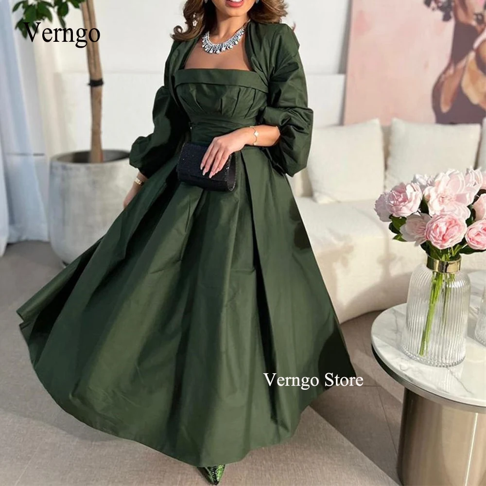 

Verngo Vintage Army Green Taffeta Formal Evening Dresses Puff Long Sleeves Jacket Saudi Arabic Women Party Occasion Prom Gowns