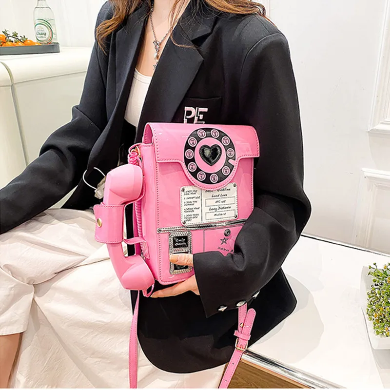 2022 Pink Telephone Shaped Purses and Handbags for Women Retro Phone Top-Handle Shoulder Bags Crossbody Bag Fashion Female Totes
