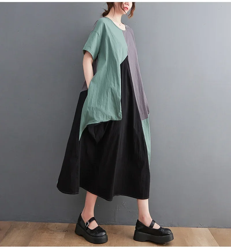 Трехцветное лоскутное платье большого размера из хлопка и льна с круглым вырезом