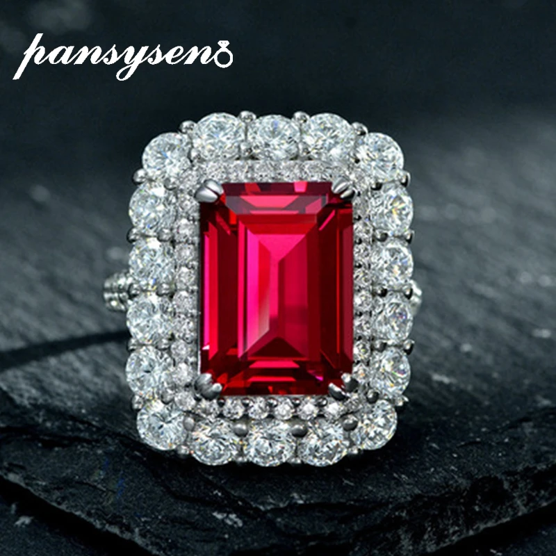 

PANSYSEN 100% 925 Sterling Silver Emerald Cut Created Moissanite Ruby Gemstone Anniversary Ring for Women Fine Jewelry Wholesale