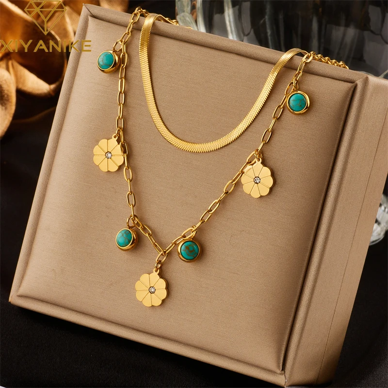 

XIYANIKE 316L Stainless Steel Necklace Women Bohemian Style Double Layer Gold Color Woman's Necklace Tiny Enamel Lady Jewelry