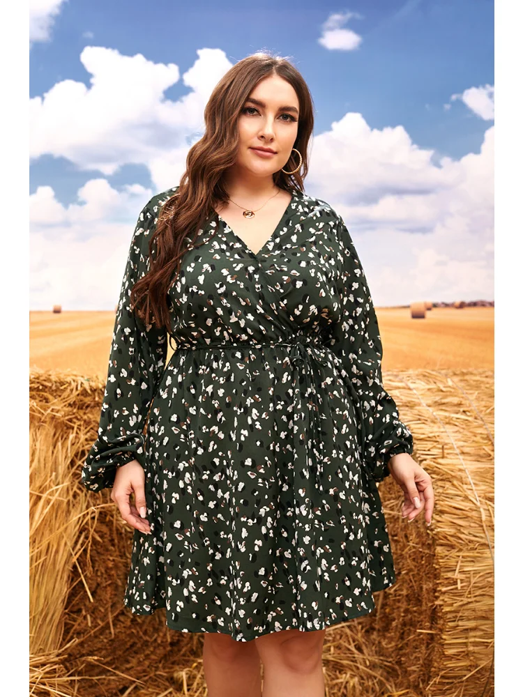 Oversized women's clothing, chubby sister waist tucked, meat covered floral v neck dress  vestido plus size mujer