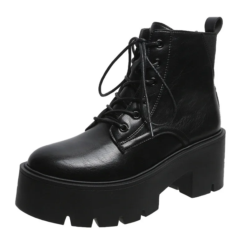 New Autumn Winter Brown Black PU Leather Ankle Boots Women Round Toe Lace Up Shoes Woman 2022 New Motorcycle Platform Boots