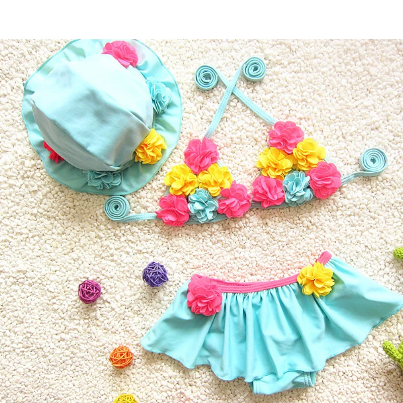 

Baby Girl Flower Swimsuit 3Pcs Halter Triangle Tops Ruffle Bottoms Sun Hat Bikini Set Bathing Suit Swimwear