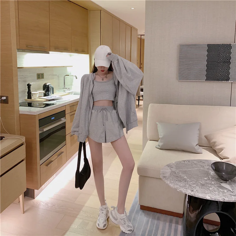 Loungewear Women 3 Pieces Summer Sleepwear Fashion Vest Lingerie Long Sleeve Zipper Hooded Lace-up Shorts Women's Pijamad