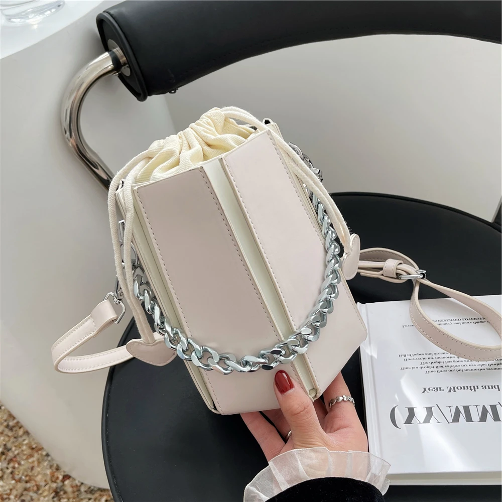 

Unique Design Patchwork Drawstring Bucket Mini Shoulder Crossbody Bags For Women Luxury Brand Chain Handle Tote Bags 2022 Summer