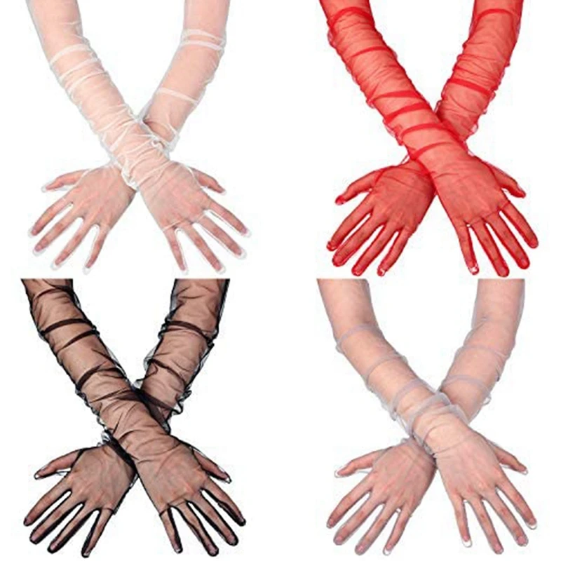 

4 Pairs Women's Long Tulle Gloves Light Grey Wedding Bridal Gloves Elbow Length Opera Party Gloves