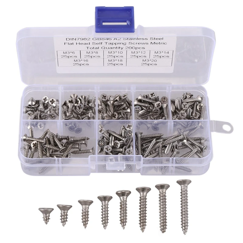 

TOP 600Pcs M3 Stainless Steel Flat Head Screws Kits High Strength Self-Tapping Screws Assortment Set For Wood Furniture