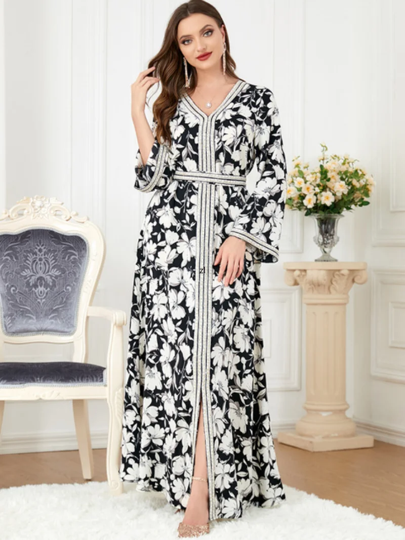 Muslim's Dresses Elegant A-Line V-Neck Long Sleeve Print Belted Kaftan Abaya Moroccan Caftan Royal Women Ramadan