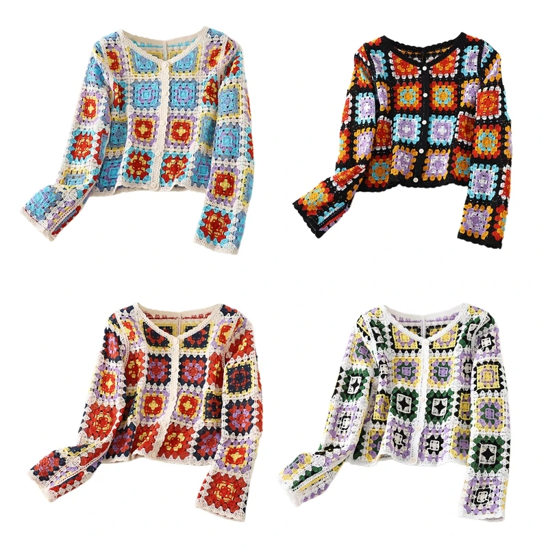 

Spring Autumn Crochet Sweater Cardigan for Women Long Sleeve Button Knit Coat