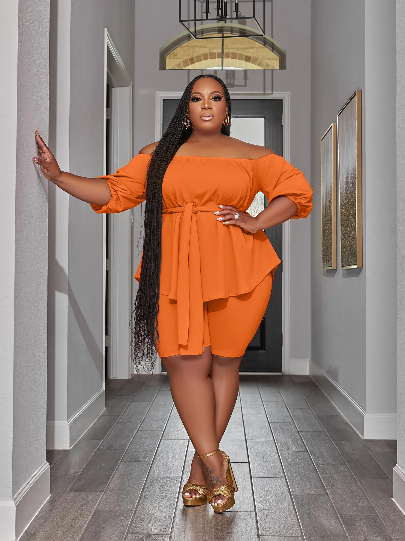 Plus Size Two Piece Outfits Women New in Matching Shorts Sets Loose Top with Bandage Summer Wholesale 3xl 4xl 5xl 6xl