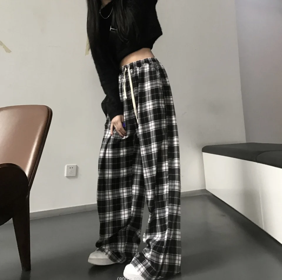 

Штаны в клетку в стиле Харадзюку женские, повседневные брюки с широкими штанинами, уличная одежда в стиле хип-хоп для подростков, свободные прямые штаны в стиле унисекс, черные/белые