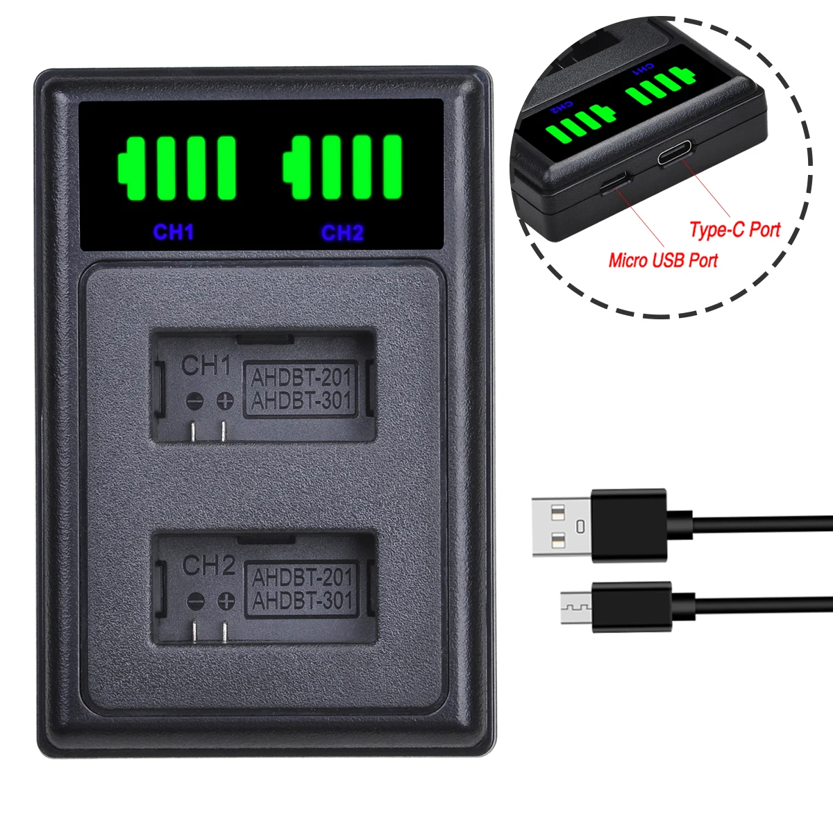 Фото Аккумулятор Batmax для GoPro Hero3 Hero3+ 1250 мАч + двойное зарядное устройство с LED-индикатором и портом Type-C для экшн-камер GoPro Hero3 Hero3+ №5