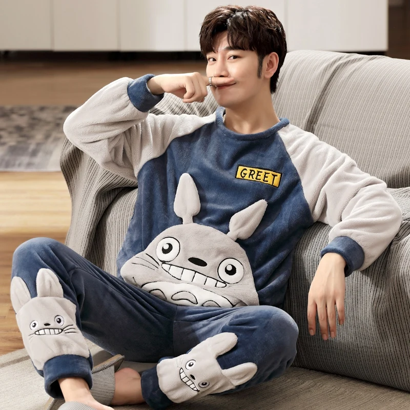 

Зимняя модель 2021, Толстая теплая Фланелевая пижама с длинным рукавом, комплект для мужчин, милая мультяшная одежда для сна, костюм, пижама, М...