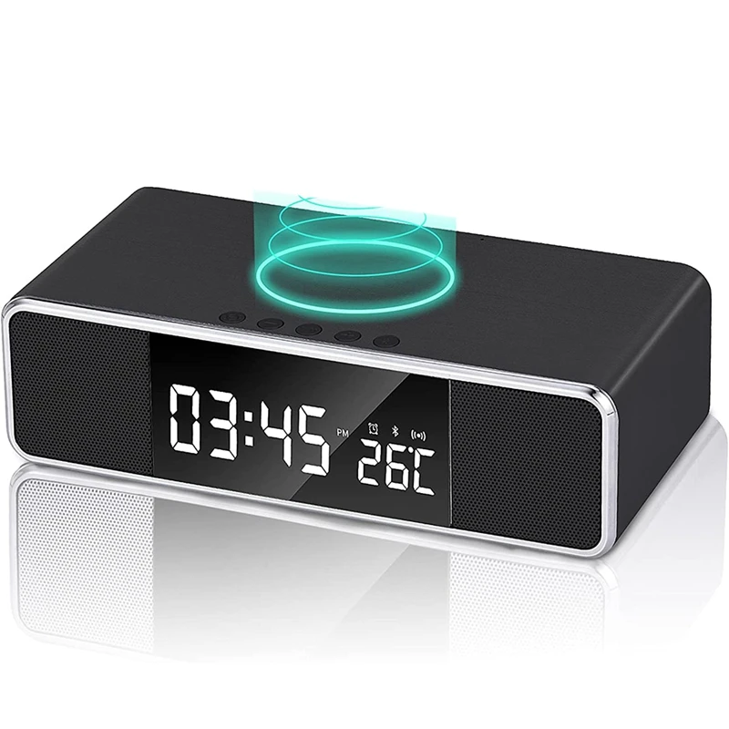 

Цифровой будильник с беспроводной зарядкой, настольные часы с двумя Bluetooth-динамиками, прикроватные часы с FM-радио для спальни