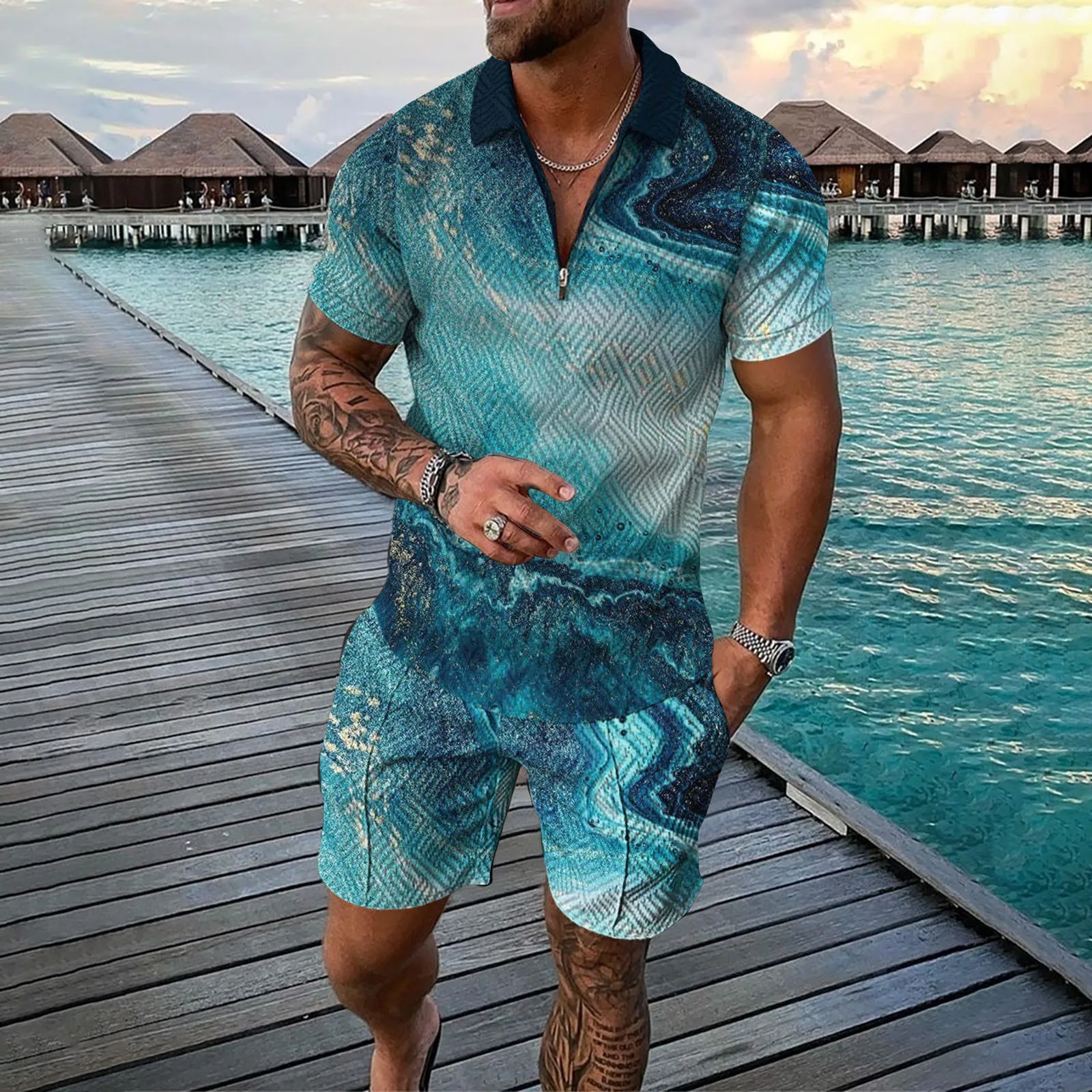 

Костюм мужской летний из рубашки и шортов, стринги, короткий рукав, на молнии