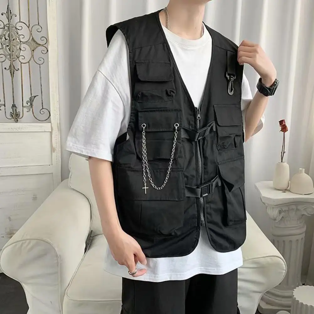 

Waistcoat Solid Color Men Cargo Waistcoat Chain Decor Men Waistcoat
