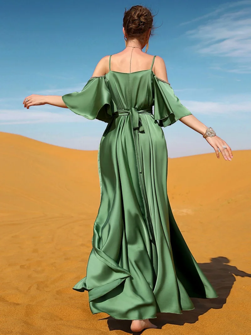 Party Dresses Satin Flowy Rhinestones Embellishments Belted  Moroccan Evening Kaftan for Women Turkish Muslim Long Dress Green