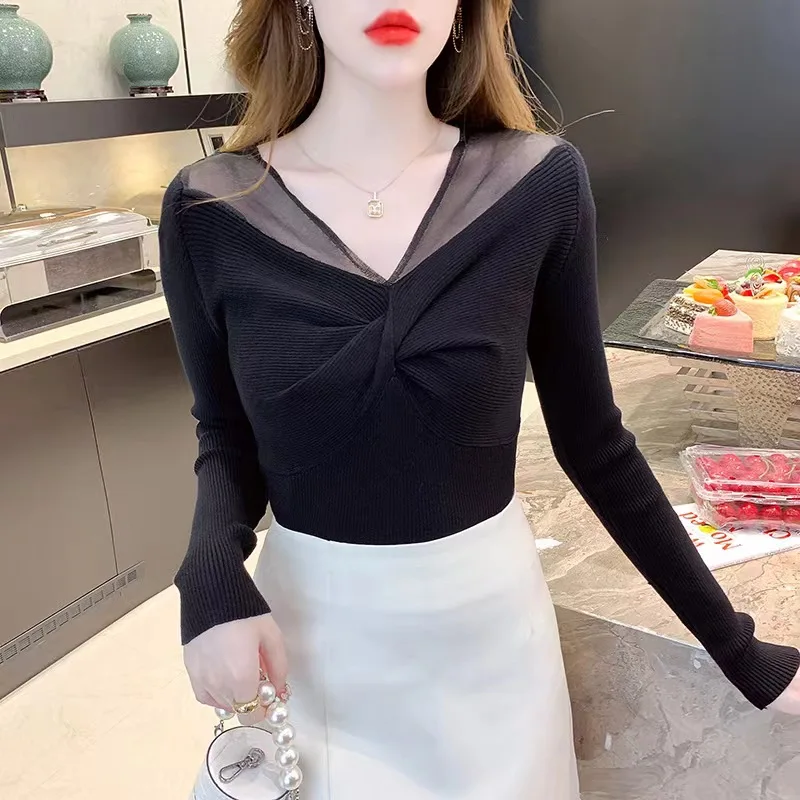 

Осень 2022, новый маленький ароматизированный дизайн, V-образный вырез, длинный рукав, топ, приталенная короткая футболка