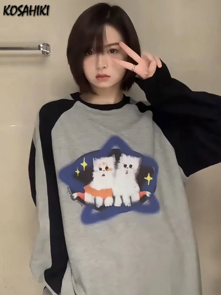 

KOSAHIKI Kawaii Animal Hoodie Women Cat Star Print Contrast Color O-neck Waffle Sweatshirt Y2k Aesthetic Harajuku Loose Pullover