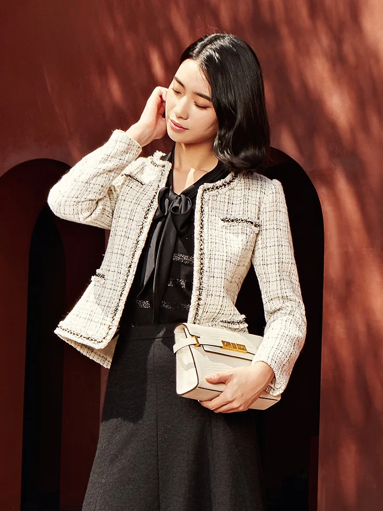 Mingshi Road Твидовая изящная верхняя одежда для женщин новый зимний шерстяной топ с