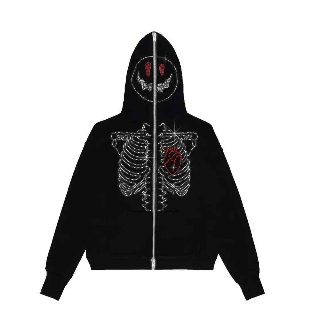 

2023 Y2K Full Zip Up Hoodie Men Autumn Winter Gothic Rhinestones Spider Web Sweatshirt Hip Hop Grunge Skeleton Oversized Jacket