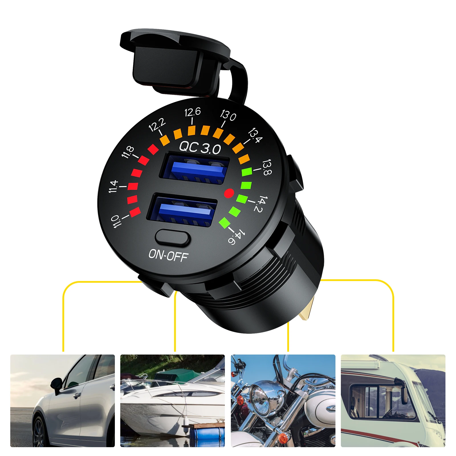 

Socket Charger QC3.0 Dual USB W/ Digital Voltmeter SUV Waterproof & Wire ATV Accessories Boat DC12V Fast For Car