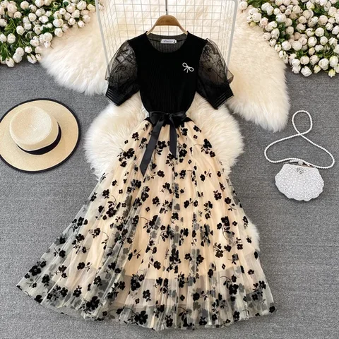 Neploe вязаное мини-платье с галстуком-бабочкой и круглым вырезом для женщин, сетчатое марлевое пышное платье, элегантное темпераментное платье, Vestido Feminino