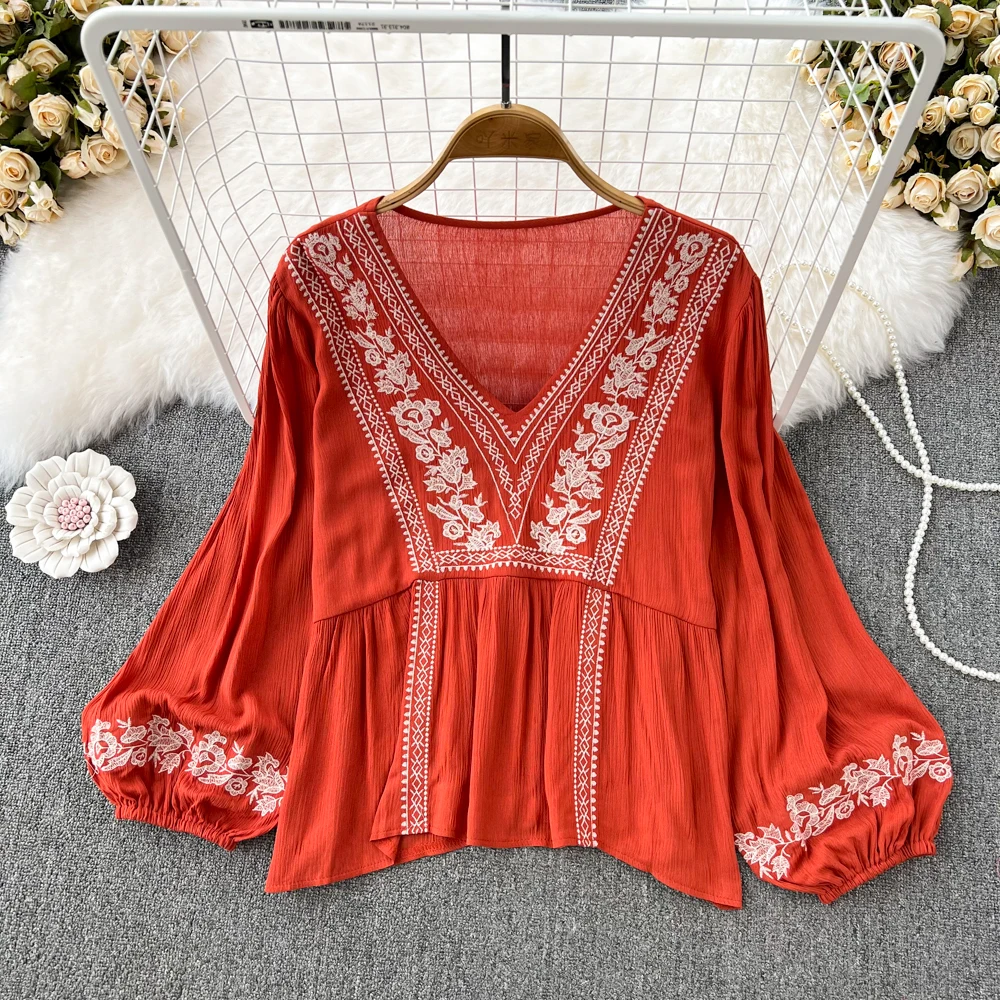 

Vintage National Ethos Loose Embroidery Color Contrast Waist Waist Lotus Leaf Swing Cotton Linen Shirt Small Fresh Blouse