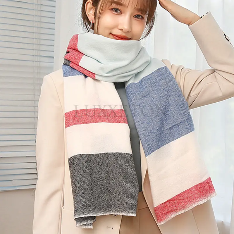 

Роскошный клетчатый шарф, зимний теплый кашемировый женский длинный платок из пашмины, Женский дизайнерский шейный платок