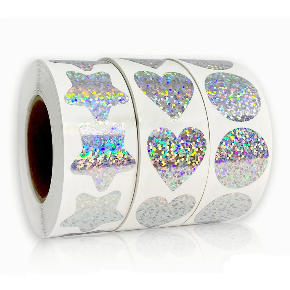

500pcs Laser Blank Love Heart Stars Round Stickers Handmade Decoration Holiday Birthday Party Sealing Label Sticker