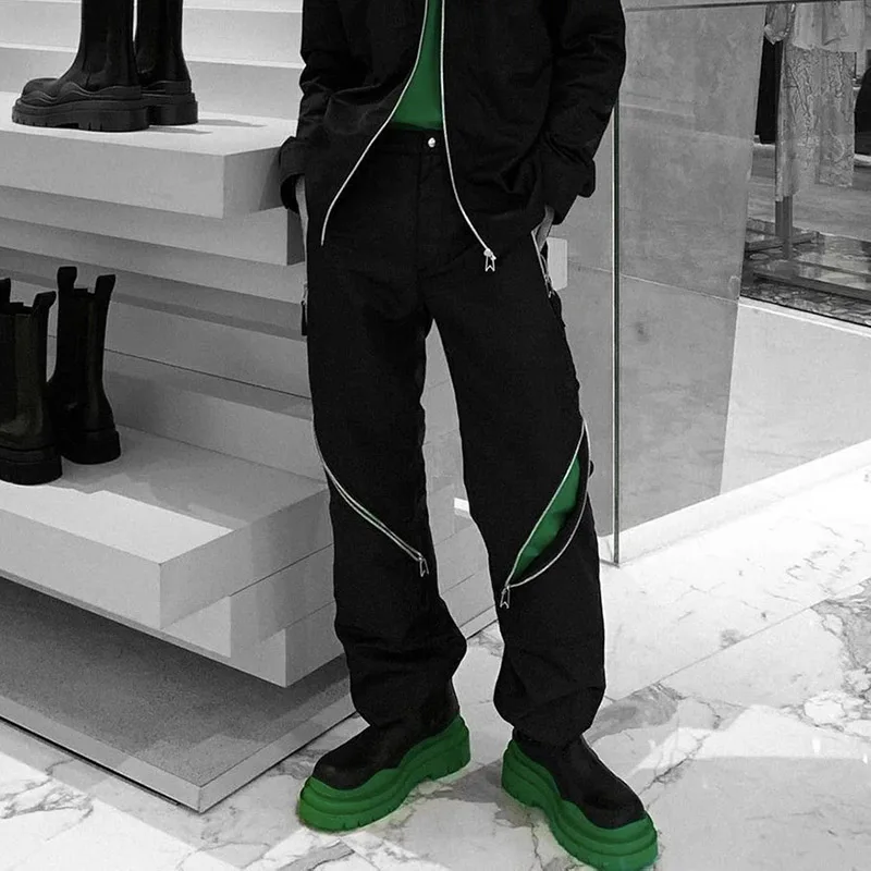 

Black Green Casual Trousers Hip Hop Knee Zipper Waterproof Mens Oversized Ankle Zipper Straight Baggy Cargo Pants Streetwear
