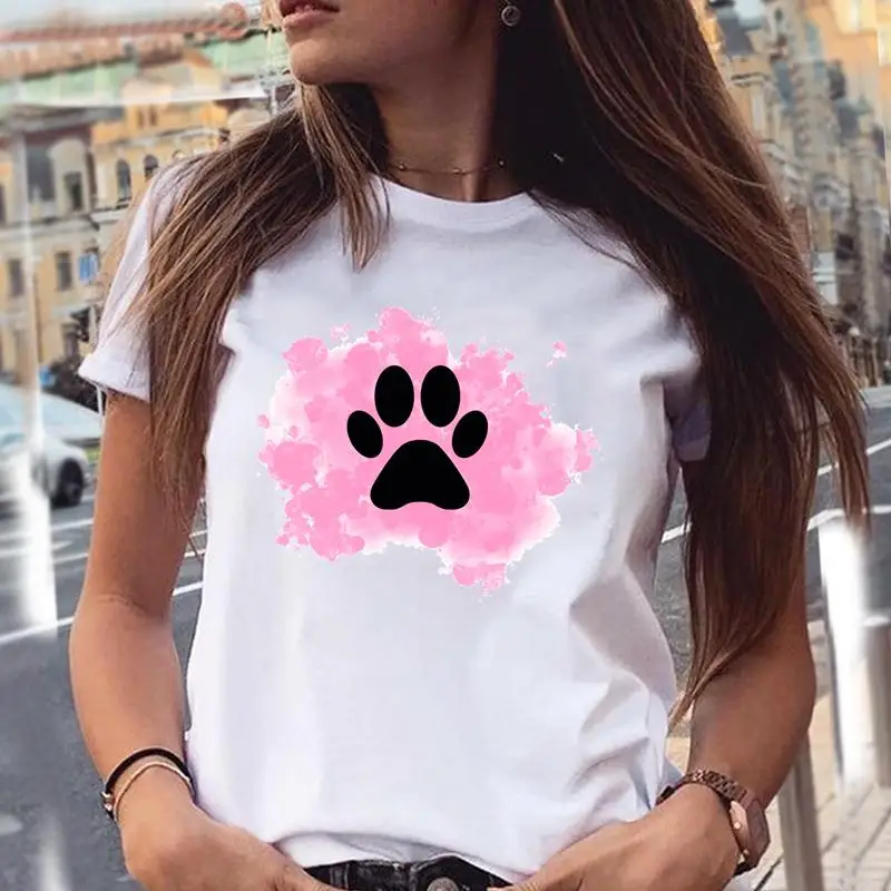 

Women T-shirts 90s Love Watercolor New Dog Paw Heart Sweet Graphic Print Female Fashion Cartoon Summer T Top Shirt Tee T-Shirt