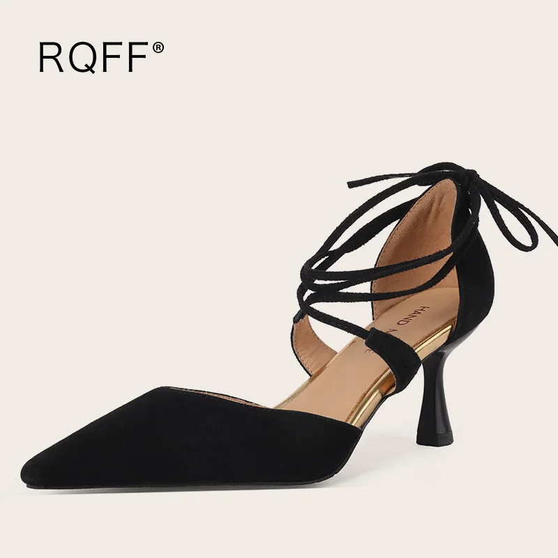 

Plus Size 42 Sandals Women 2023 Summer New Fashion Genuine Leather 7cm High Heels Solid Pointed Toe High Quality bandage Shoes