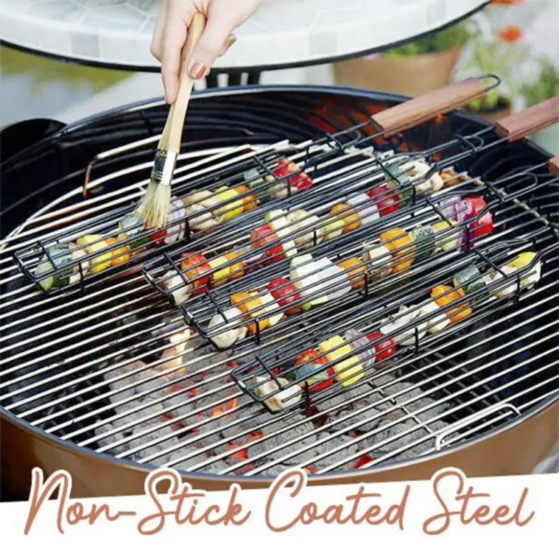 

Portable Stainless Steel BBQ Grilling Basket Reusable Durable Anti-Corrosion Wooden Handle Barbecue Tool Grill Basket Grill Net