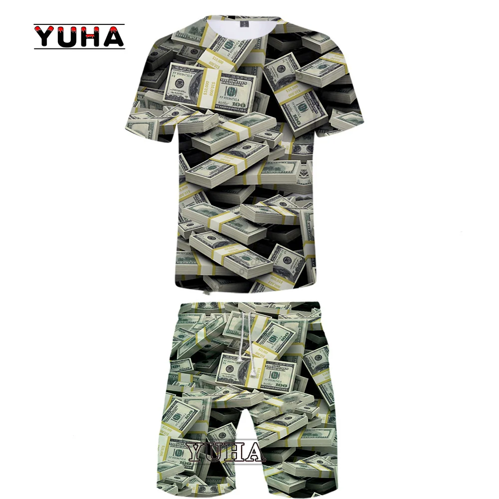 Men's Fashion Tracksuit Summer Dollars The United States 3D Print Casual Underwear Hip Hop Set Creative Man Two-piece Money Suit