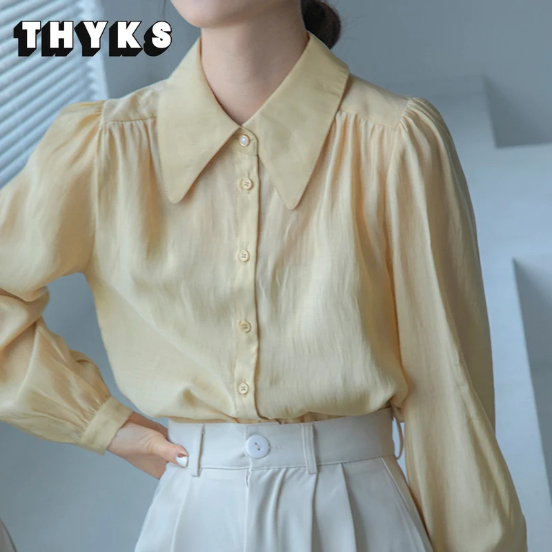 

Рубашка женская шифоновая с лацканами, повседневная офисная шифоновая сорочка на пуговицах, с длинным рукавом, в Корейском стиле, лето