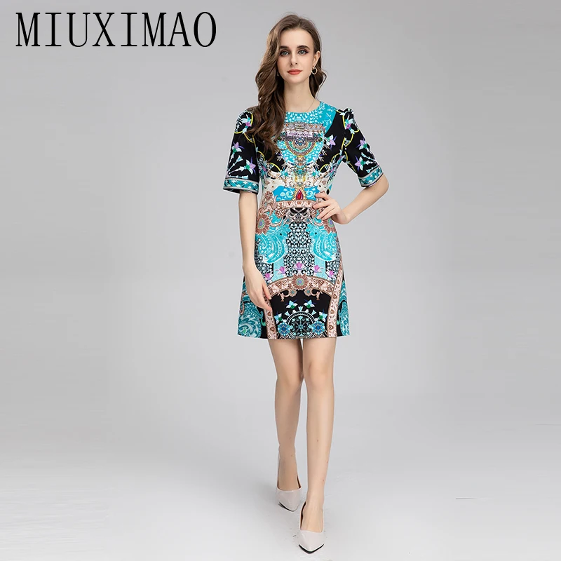 

MIUXIMAO 2022 High Quality Autumn&Winter Elegant Dress ShortSleeve O-Neck Print Diamond Beading Fashion Mini Dress Women Vestide