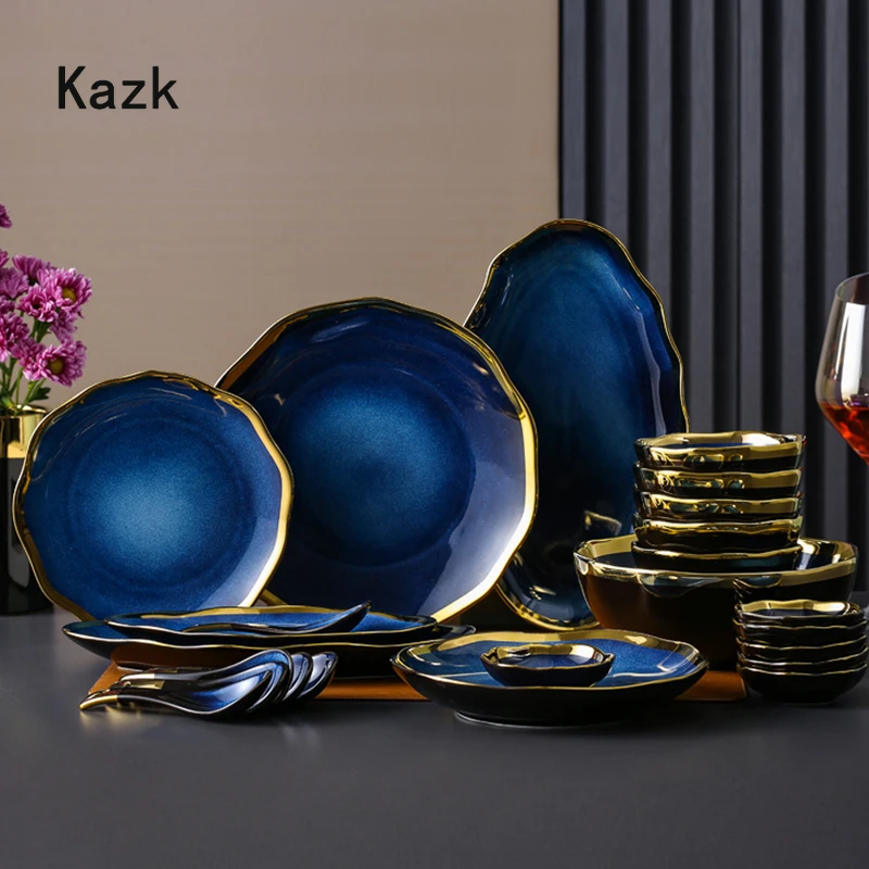 

Nordic Blue Glaze Ceramic Dinner Plates and Bowls Creative Irregular Phnom Penh Steak Plate Dessert Snack Dishes Home Tableware