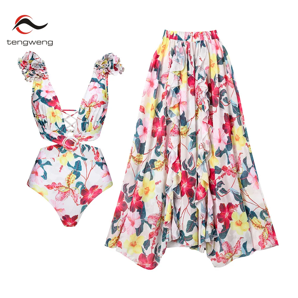 

2PCS Women Swimwear 2024 Swimsuit One Piece Swim Skirt Vintage Solid Ruffle V Neck Cover Up Beachwear Swimming Bath Suit Dress